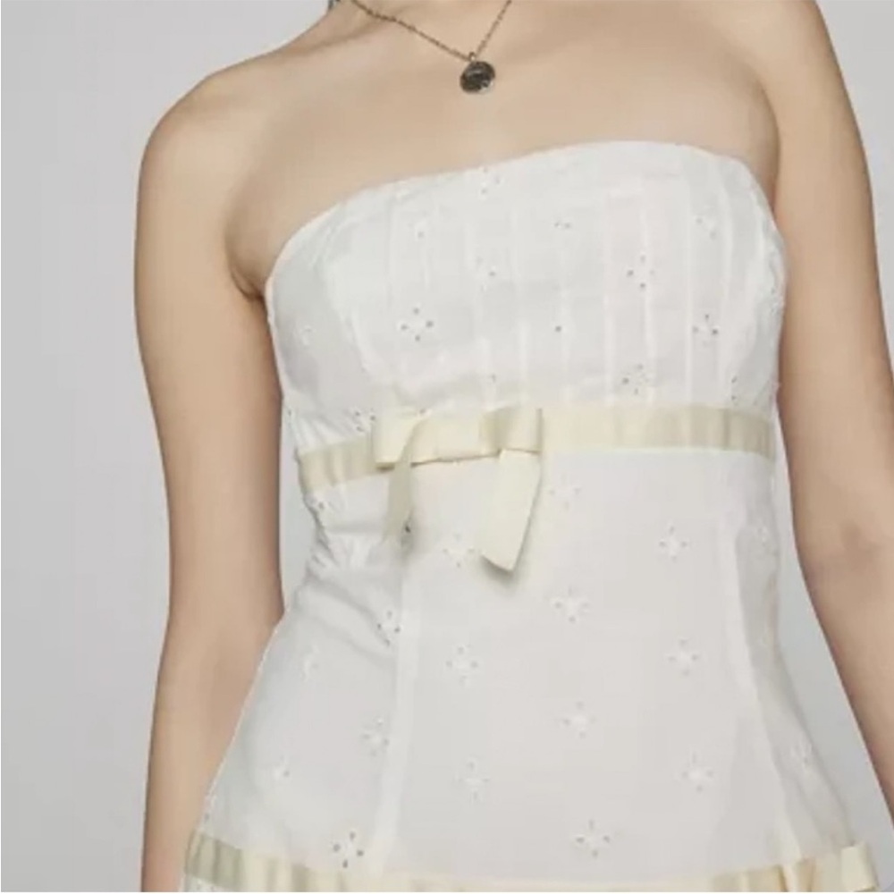 Kimchi Blue Large Dress Violetta Eyelet Strapless Mini lined ivory bows pleats - Picture 8 of 14